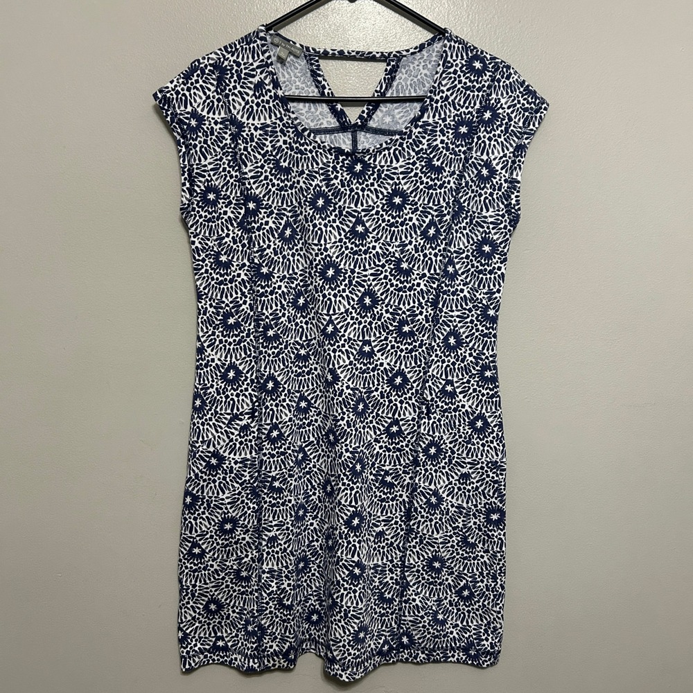 T by Talbots Knit Dress SP Blue White Strappy Back Pockets Nautical Preppy Chic